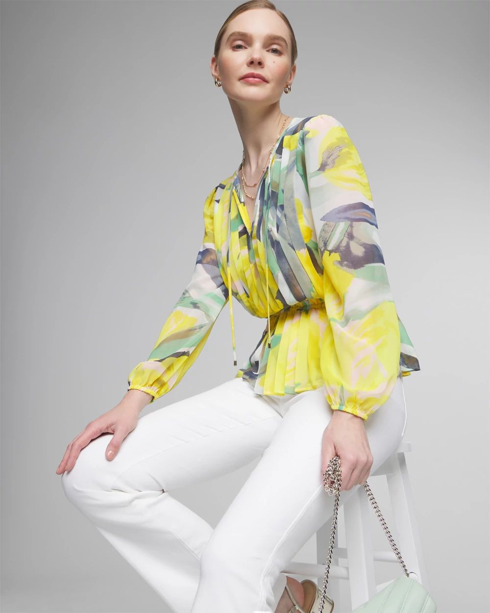 Long Sleeve V Neck Pleated Chiffon Blouse